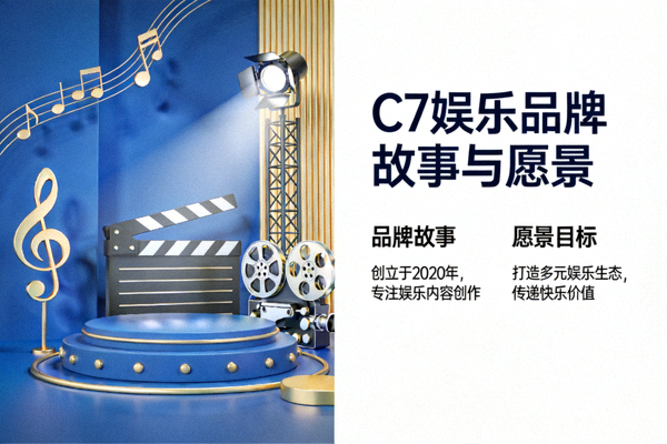 C7娱乐品牌故事与愿景阐述概念图，展示品牌标志与未来蓝图