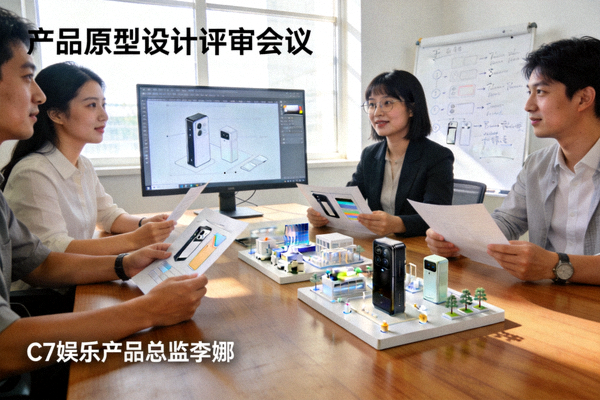 C7娱乐产品总监李娜与团队进行产品原型设计评审会议