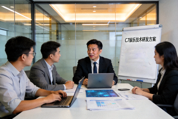 C7娱乐技术研发负责人张伟在现代化办公室中讨论技术方案