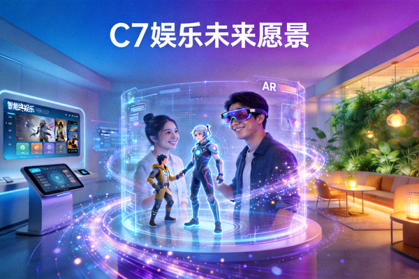 C7娱乐未来愿景概念图，展示科技与人文关怀融合的数字娱乐场景