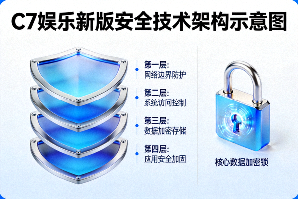 C7娱乐新版安全技术架构示意图 - 层层防护盾牌与加密锁图标