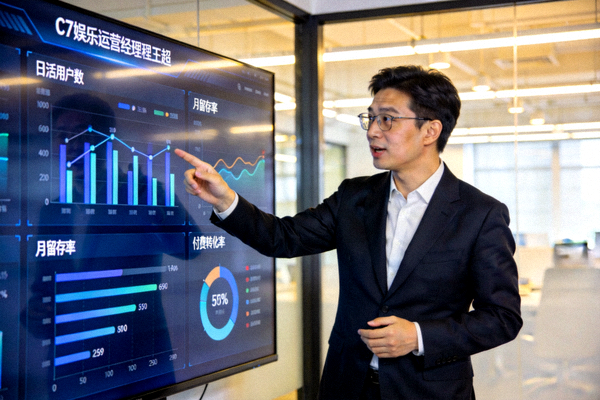 C7娱乐运营经理王超在数据大屏前分析平台运营指标