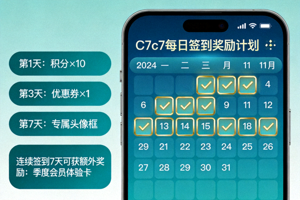 C7c7每日签到奖励计划日历界面截图，展示连续签到累积奖励