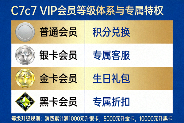 C7c7 VIP会员等级体系与专属特权展示图，不同等级对应不同徽章